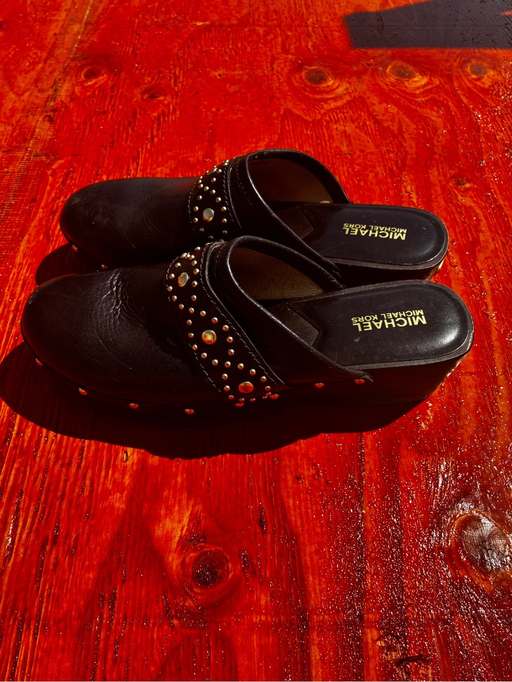 Michael Kors Black Leather studded platform clogs Boho slip on Mules 10M